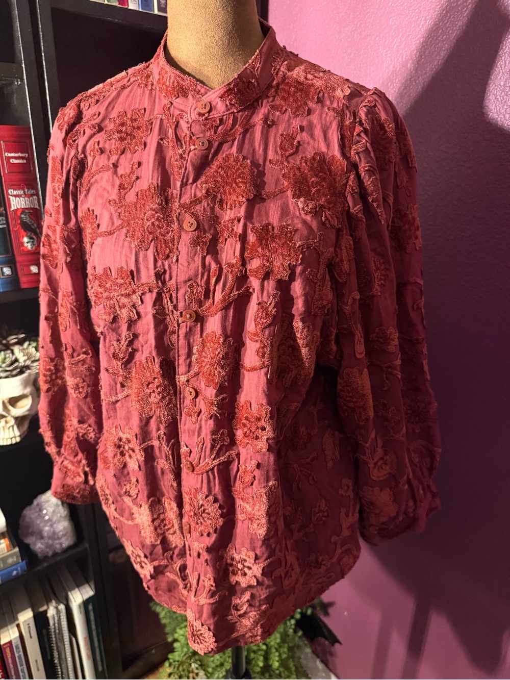 Anthropologie Pilcro Embroidered Red Floral Button-Front Women's Top